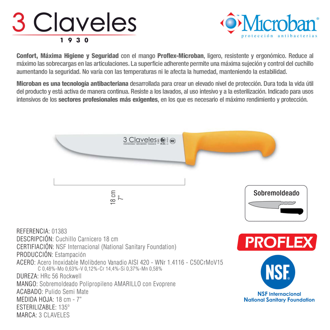 3 Claveles Proflex - Cuchillo Profesional Carnicero Ancho 18 cm Microban. Amarillo