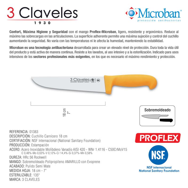 3 Claveles Proflex - Cuchillo Profesional Carnicero Ancho 18 cm Microban. Amarillo