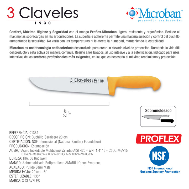 3 Claveles Proflex - Cuchillo Profesional Carnicero Ancho 20 cm Microban. Amarillo