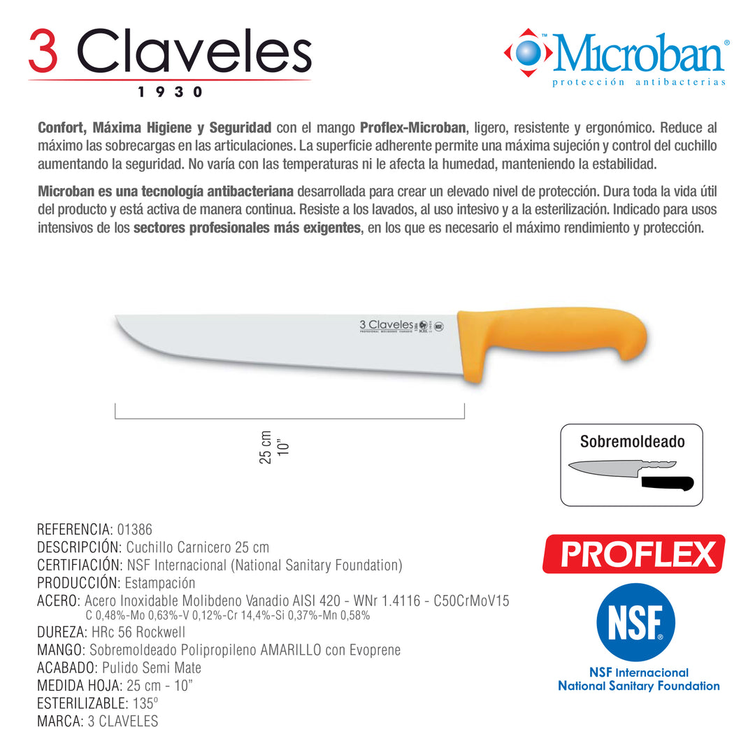 3 Claveles Proflex - Cuchillo Profesional Carnicero Ancho 25 cm Microban. Amarillo