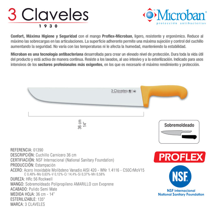 3 Claveles Proflex - Cuchillo Profesional Carnicero Ancho 36 cm Microban. Amarillo