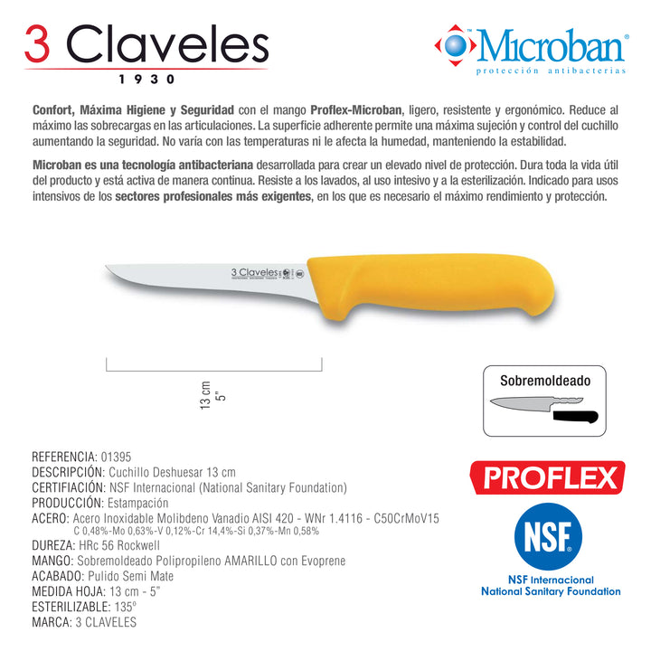 3 Claveles Proflex - Cuchillo Profesional Deshuesador Estrecho 13 cm Microban. Amarillo