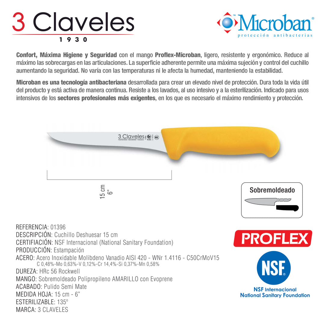 3 Claveles Proflex - Cuchillo Profesional Deshuesador Estrecho 15 cm Microban. Amarillo