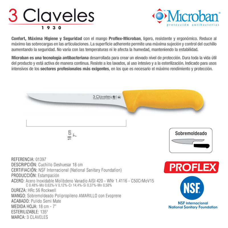 3 Claveles Proflex - Cuchillo Profesional Deshuesador Estrecho 18 cm Microban. Amarillo