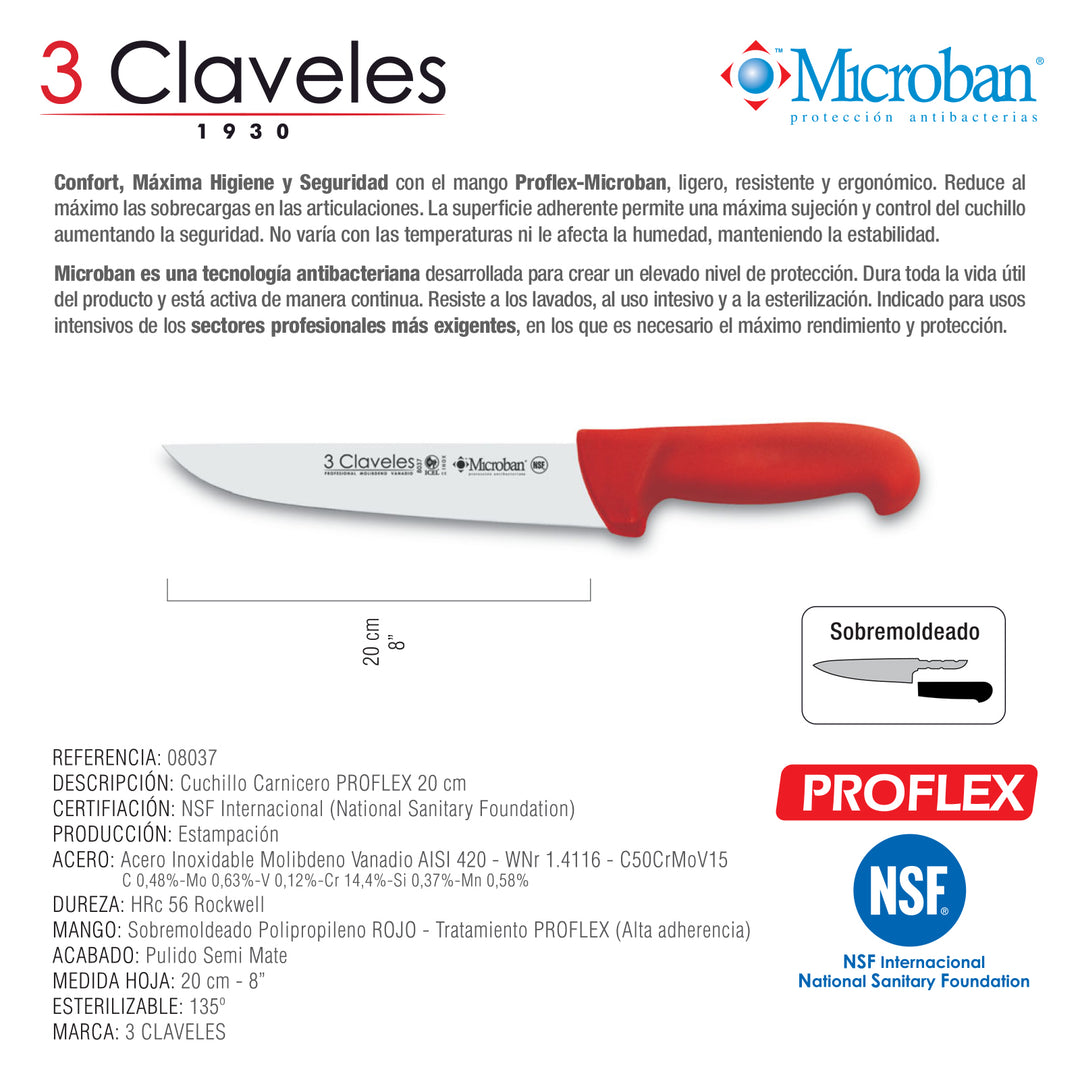 3 Claveles Proflex - Cuchillo Profesional Carnicero Ancho 20 cm Microban. Rojo