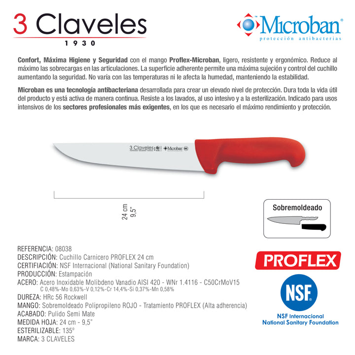 3 Claveles Proflex - Cuchillo Profesional Carnicero Ancho 24 cm Microban. Rojo