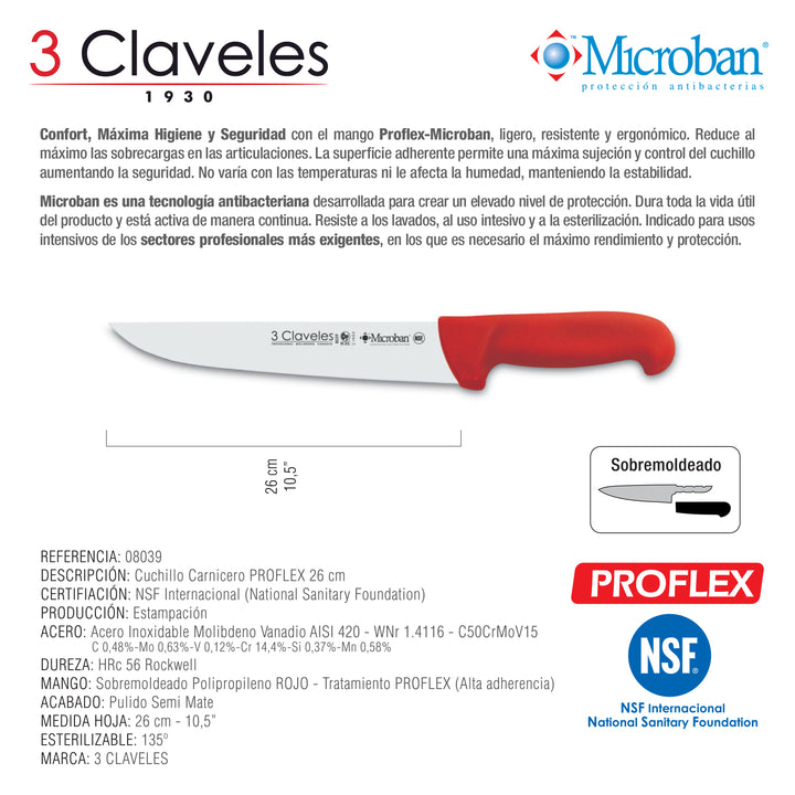 3 Claveles Proflex - Cuchillo Profesional Carnicero Ancho 26 cm Microban. Rojo