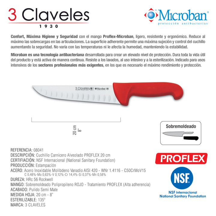 3 Claveles Proflex - Cuchillo Profesional Carnicero Alveolado 20 cm Microban. Rojo