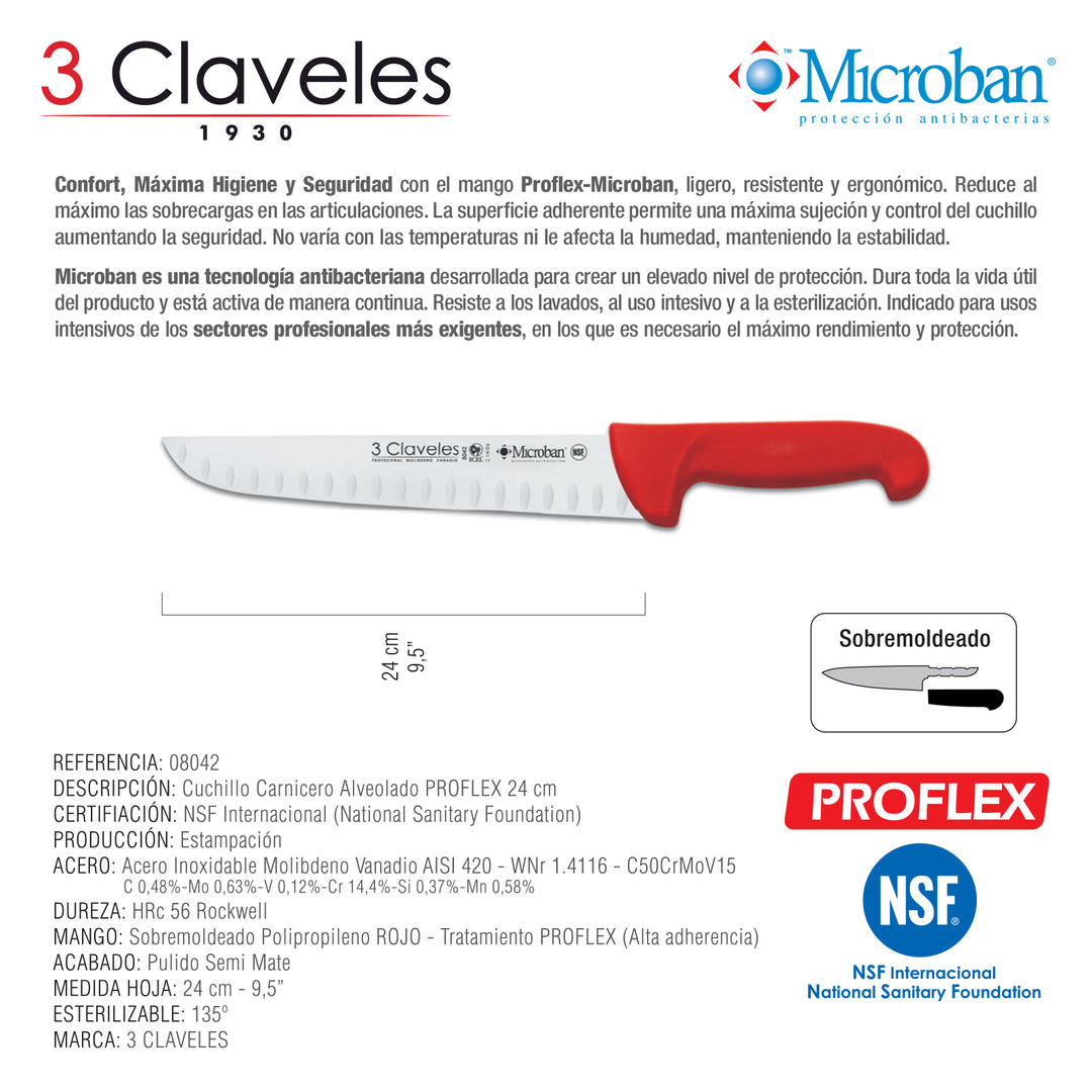 3 Claveles Proflex - Cuchillo Profesional Carnicero Alveolado 24 cm Microban. Rojo