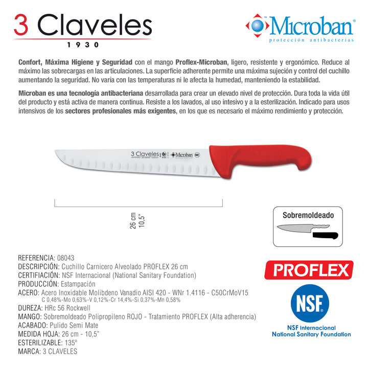 3 Claveles Proflex - Cuchillo Profesional Carnicero Alveolado 26 cm Microban. Rojo