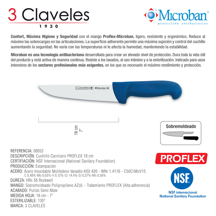 3 Claveles Proflex - Cuchillo Profesional Carnicero Ancho 18 cm Microban. Azul