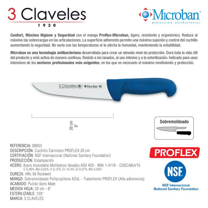 3 Claveles Proflex - Cuchillo Profesional Carnicero Ancho 20 cm Microban. Azul