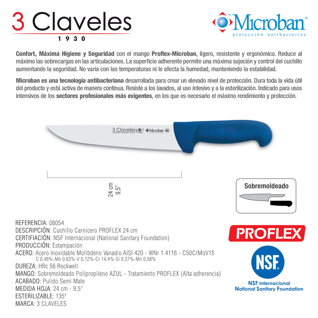 3 Claveles Proflex - Cuchillo Profesional Carnicero Ancho 24 cm Microban. Azul