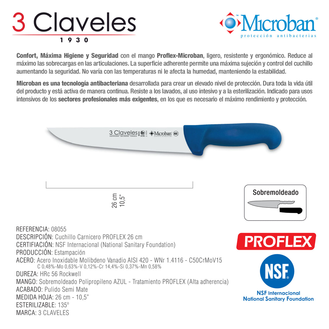 3 Claveles Proflex - Cuchillo Profesional Carnicero Ancho 26 cm Microban. Azul