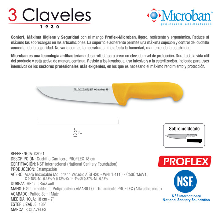 3 Claveles Proflex - Cuchillo Profesional Carnicero Ancho 18 cm Microban. Amarillo