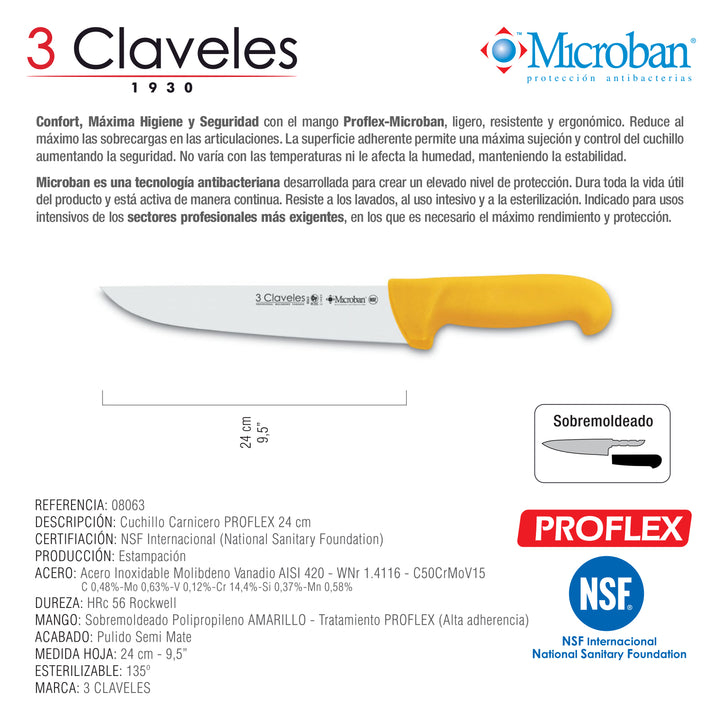 3 Claveles Proflex - Cuchillo Profesional Carnicero Ancho 24 cm Microban. Amarillo