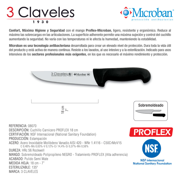 3 Claveles Proflex - Cuchillo Profesional Carnicero Ancho 18 cm Microban. Negro