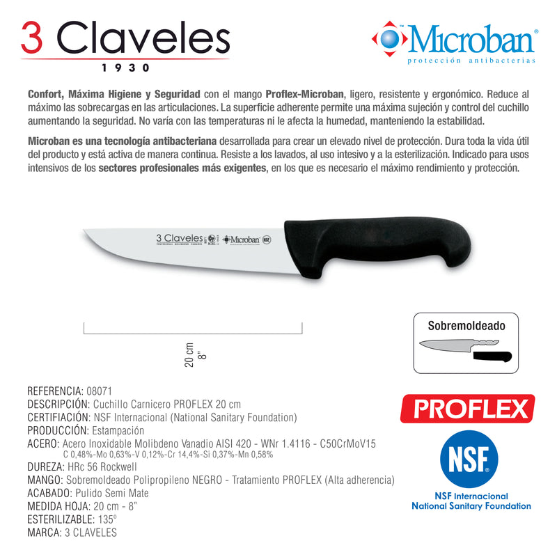 3 Claveles Proflex - Cuchillo Profesional Carnicero Ancho 20 cm Microban. Negro