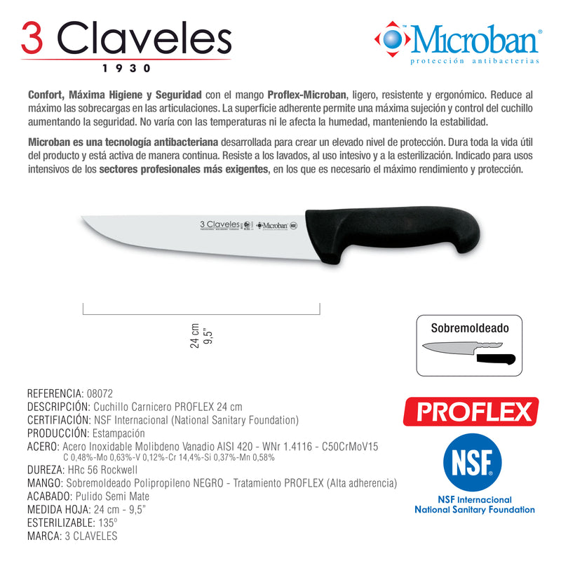 3 Claveles Proflex - Cuchillo Profesional Carnicero Ancho 24 cm Microban. Negro