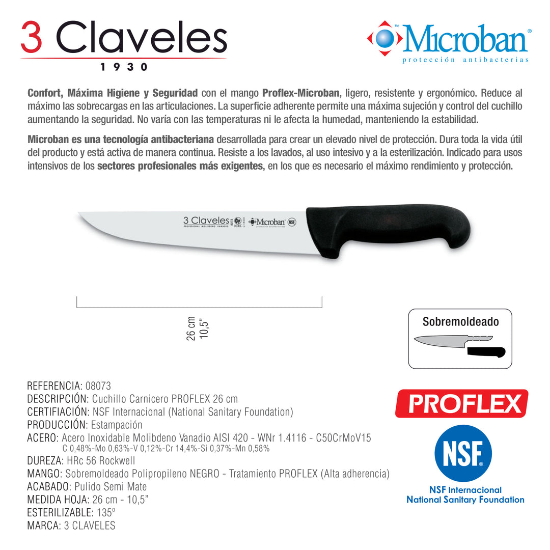 3 Claveles Proflex - Cuchillo Profesional Carnicero Ancho 26 cm Microban. Negro