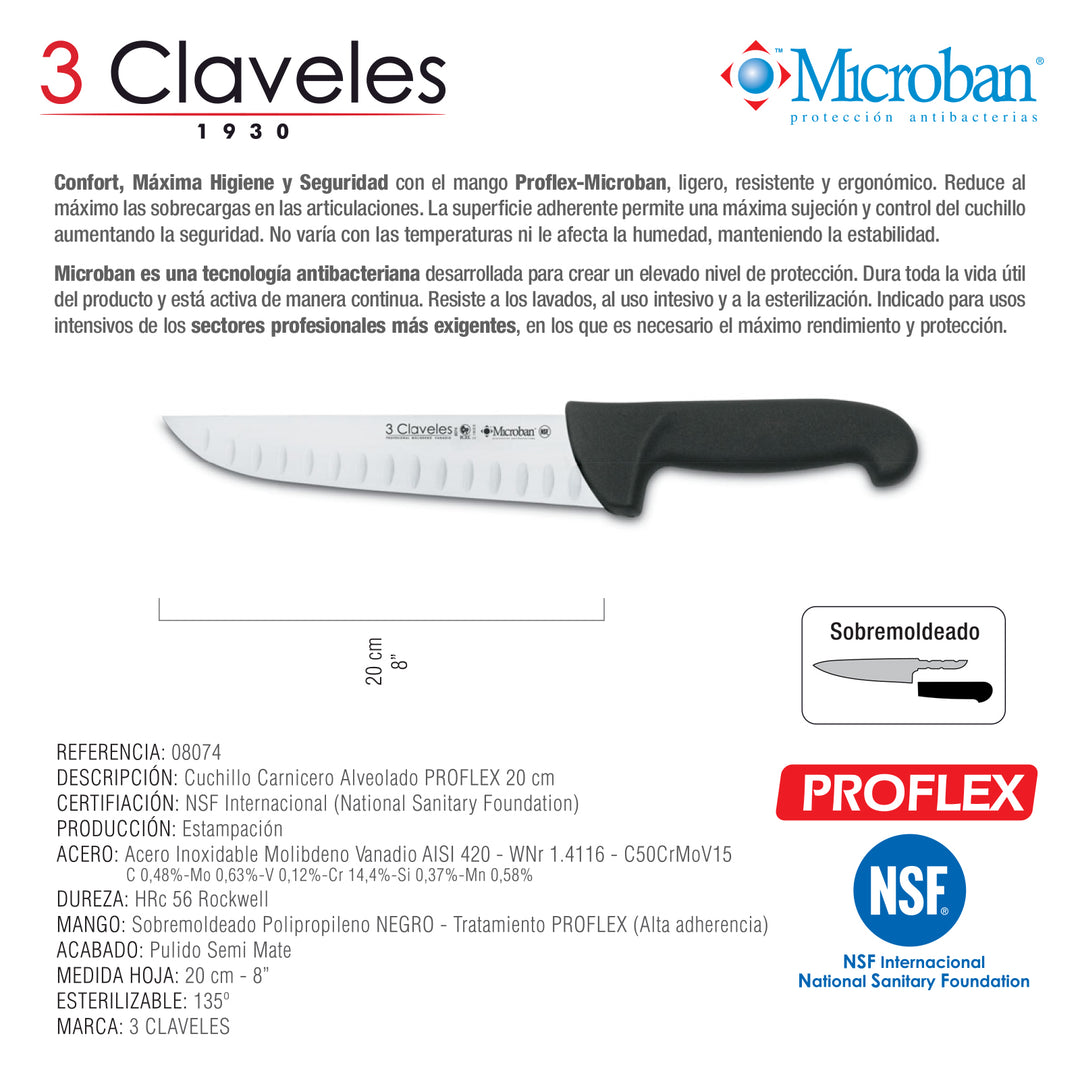 3 Claveles Proflex - Cuchillo Profesional Carnicero Alveolado 20 cm Microban. Negro