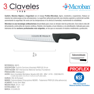 3 Claveles Proflex - Cuchillo Profesional Carnicero Alveolado 24 cm Microban. Negro