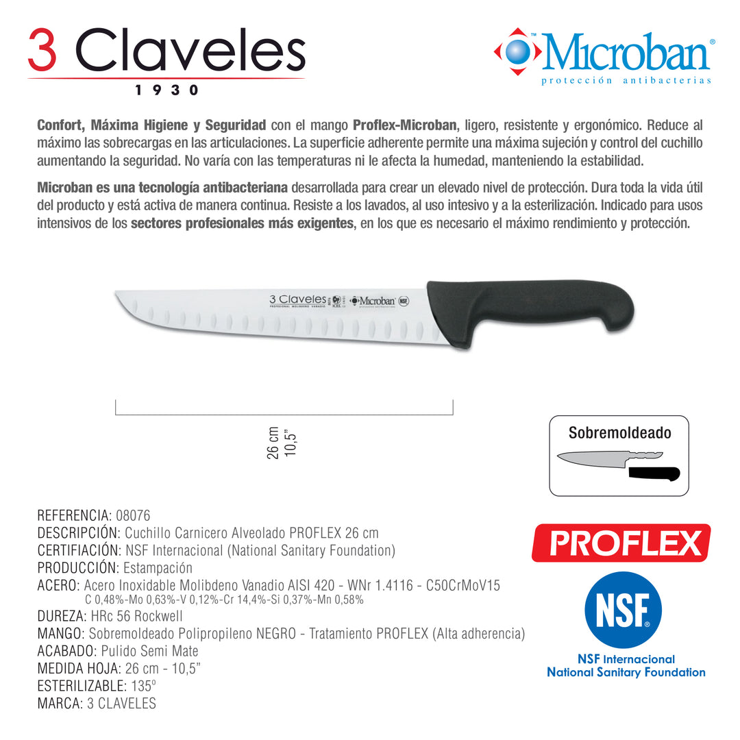 3 Claveles Proflex - Cuchillo Profesional Carnicero Alveolado 26 cm Microban. Negro