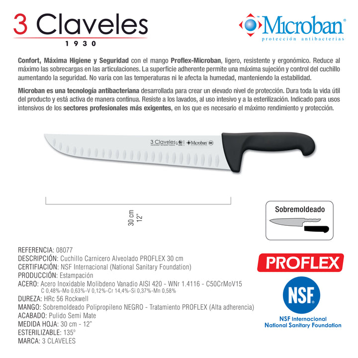 3 Claveles Proflex - Cuchillo Profesional Carnicero Alveolado 30 cm Microban. Negro