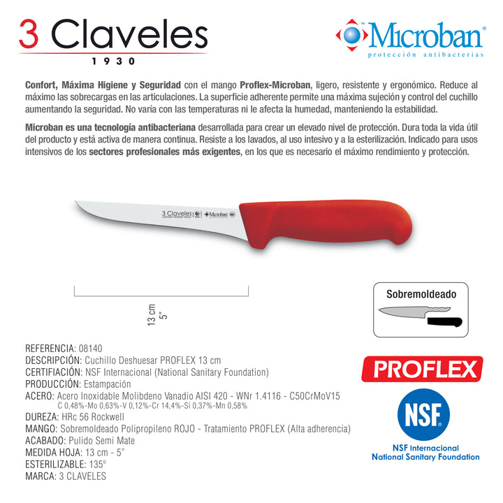 3 Claveles Proflex - Cuchillo Profesional Deshuesador 13 cm Microban. Rojo