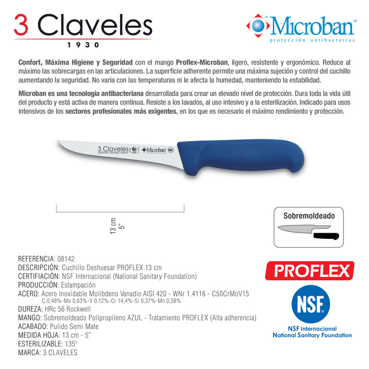 3 Claveles Proflex - Cuchillo Profesional Deshuesador 13 cm Microban. Azul