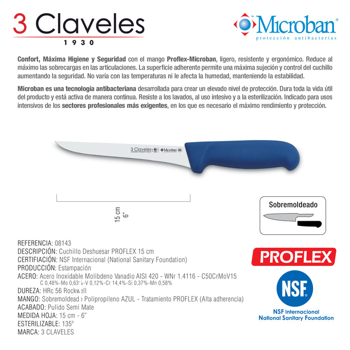 3 Claveles Proflex - Cuchillo Profesional Deshuesador 15 cm Microban. Azul