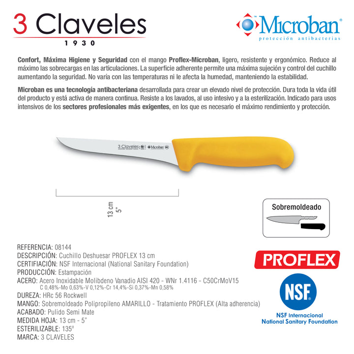 3 Claveles Proflex - Cuchillo Profesional Deshuesador 13 cm Microban. Amarillo