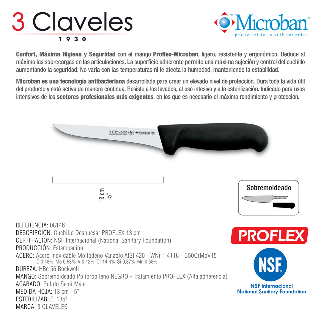 3 Claveles Proflex - Cuchillo Profesional Deshuesador 13 cm Microban. Negro