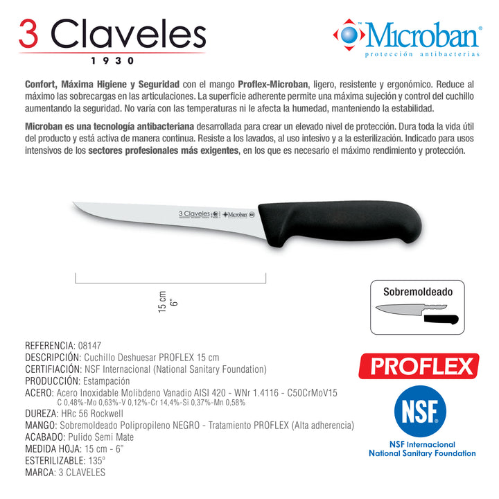 3 Claveles Proflex - Cuchillo Profesional Deshuesador 15 cm Microban. Negro