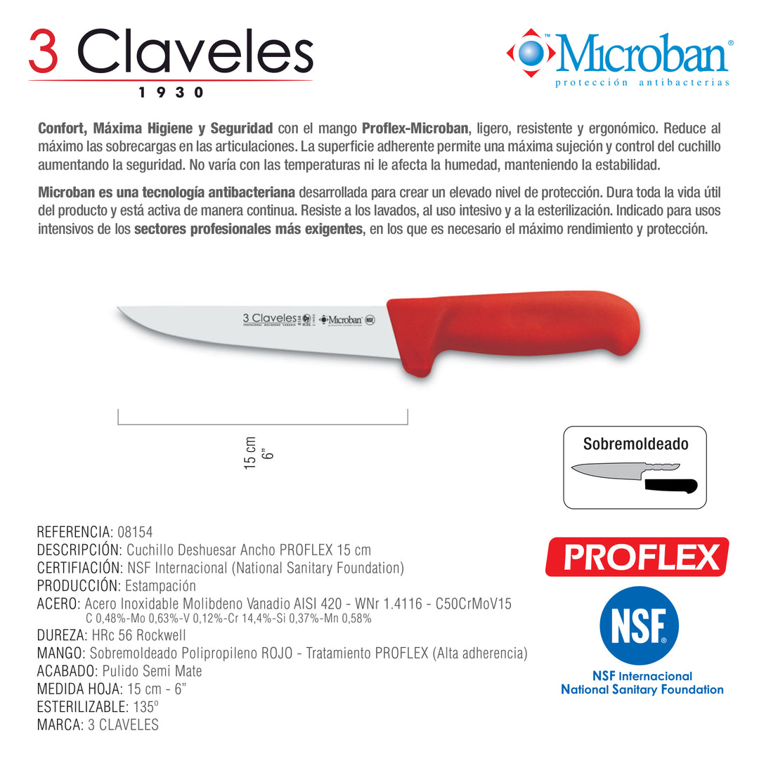 3 Claveles Proflex - Cuchillo Profesional Deshuesador Ancho 15 cm Microban. Rojo