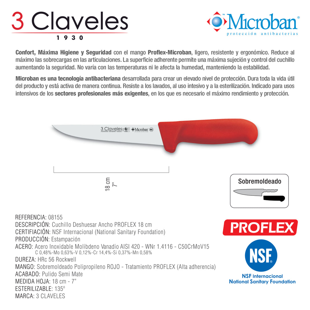 3 Claveles Proflex - Cuchillo Profesional Deshuesador Ancho 18 cm Microban. Rojo