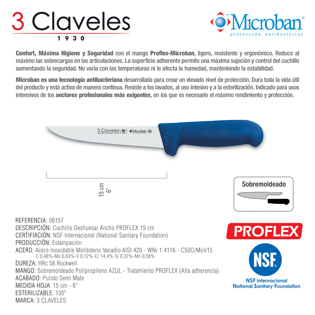 3 Claveles Proflex - Cuchillo Profesional Deshuesador Ancho 15 cm Microban. Azul