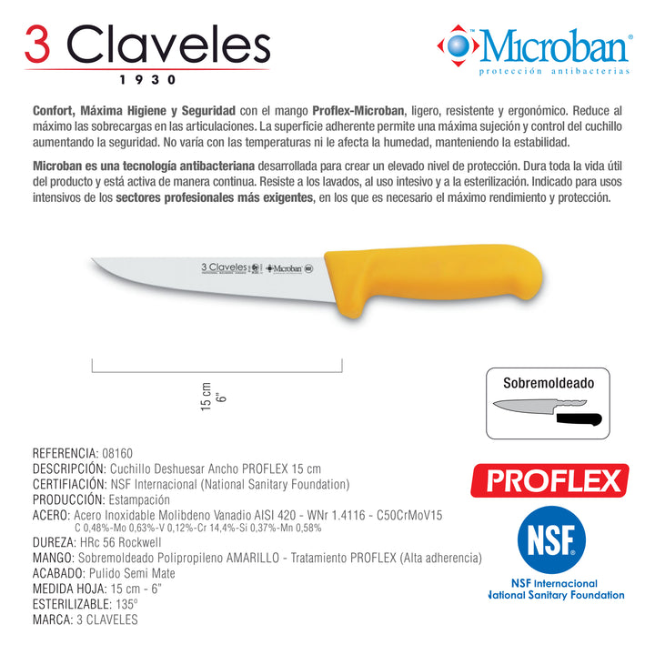 3 Claveles Proflex - Cuchillo Profesional Deshuesador Ancho 15 cm Microban. Amarillo