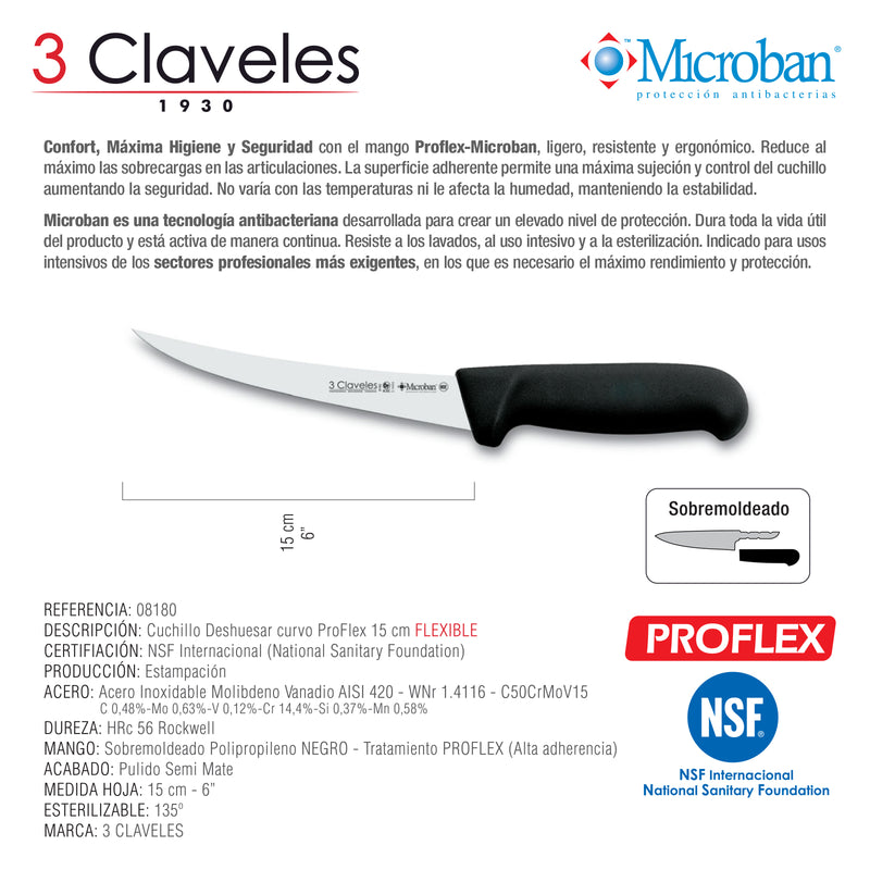 3 Claveles Proflex - Cuchillo Profesional Deshuesador Flexible Curvo 15 cm Microban. Negro