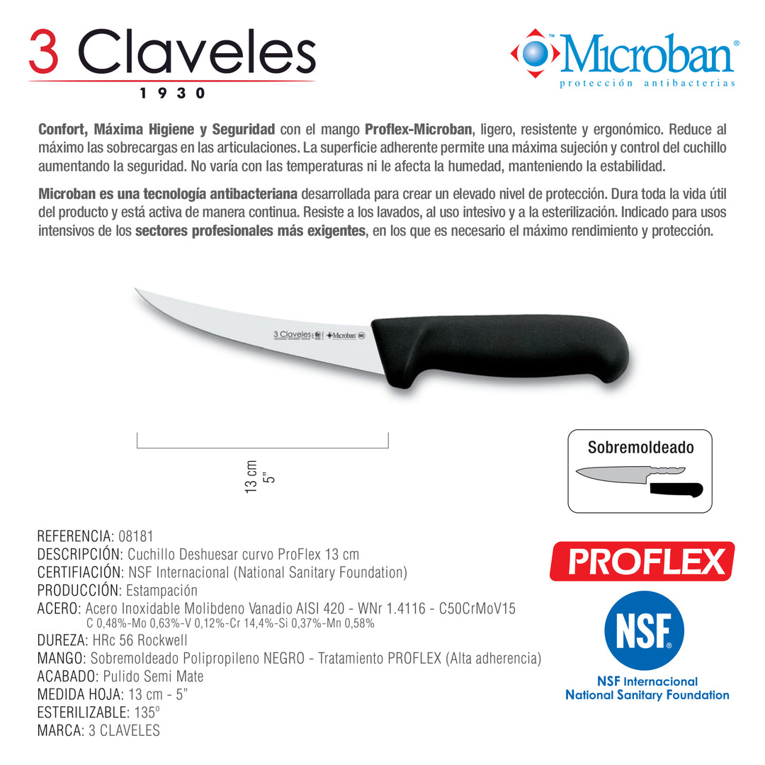 3 Claveles Proflex - Cuchillo Profesional Deshuesador Curvo 13 cm Microban. Negro