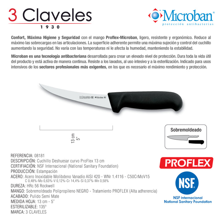 3 Claveles Proflex - Cuchillo Profesional Deshuesador Curvo 13 cm Microban. Negro