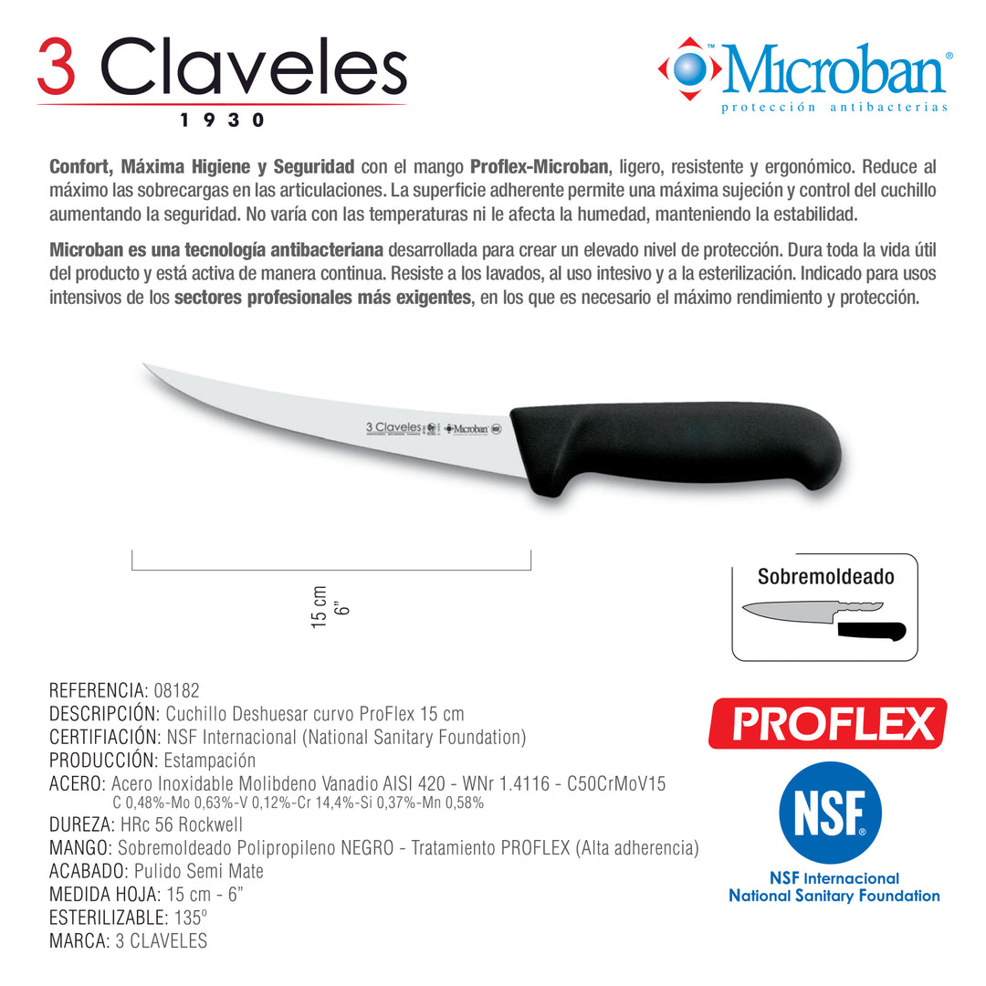 3 Claveles Proflex - Cuchillo Profesional Deshuesador Curvo 15 cm Microban. Negro