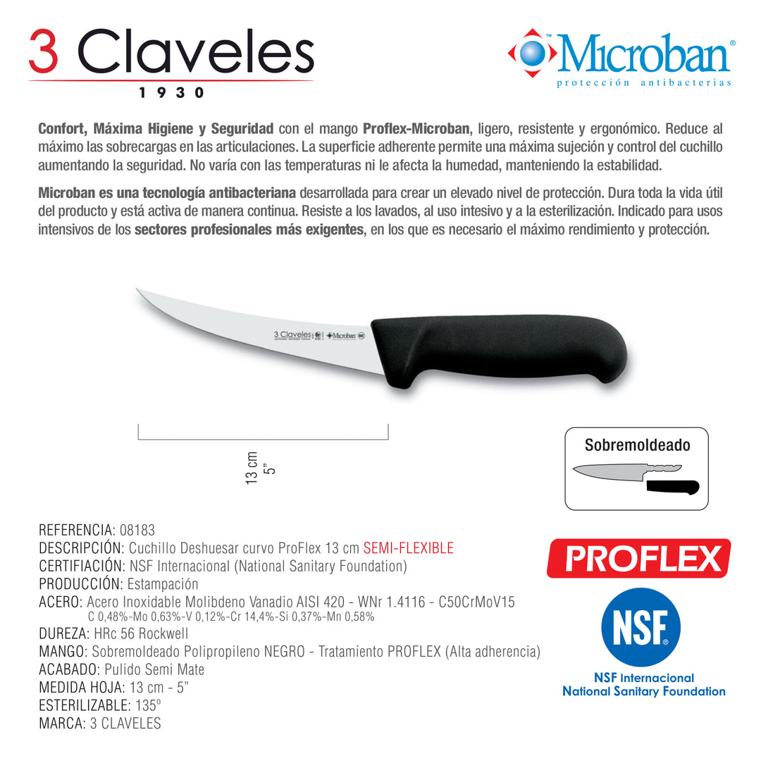 3 Claveles Proflex - Cuchillo Profesional Deshuesador Semi-Flexible Curvo 13 cm Microban. Negro