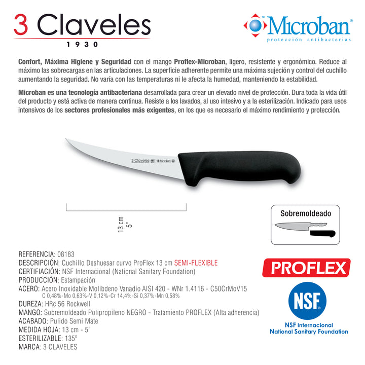 3 Claveles Proflex - Cuchillo Profesional Deshuesador Semi-Flexible Curvo 13 cm Microban. Negro