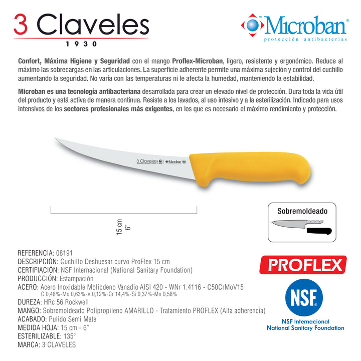 3 Claveles Proflex - Cuchillo Profesional Deshuesador Curvo 15 cm Microban. Amarillo