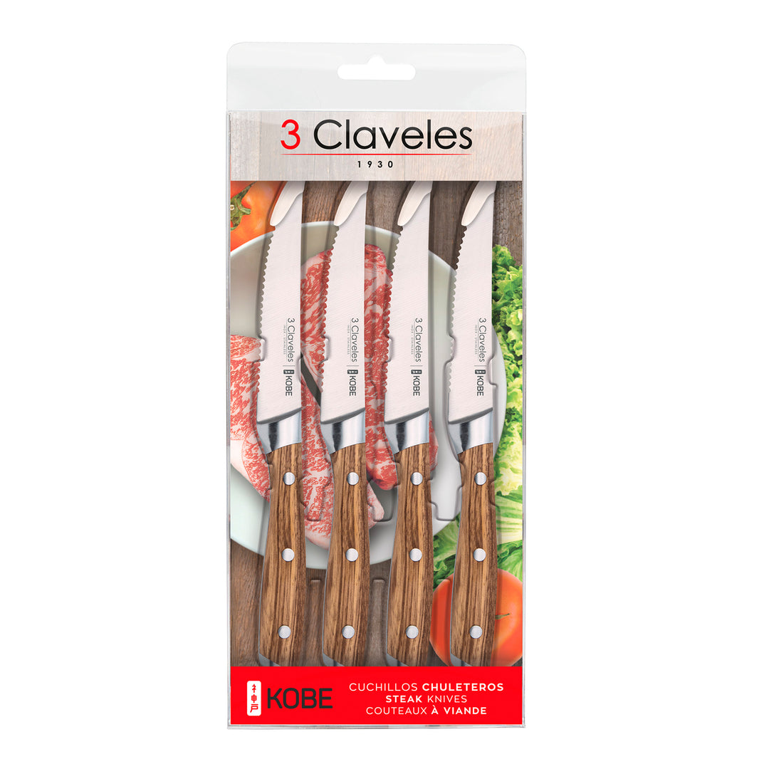 3 Claveles Kobe - Set de 4 Cuchillos Chuleteros 11.5 cm en Acero Inoxidable