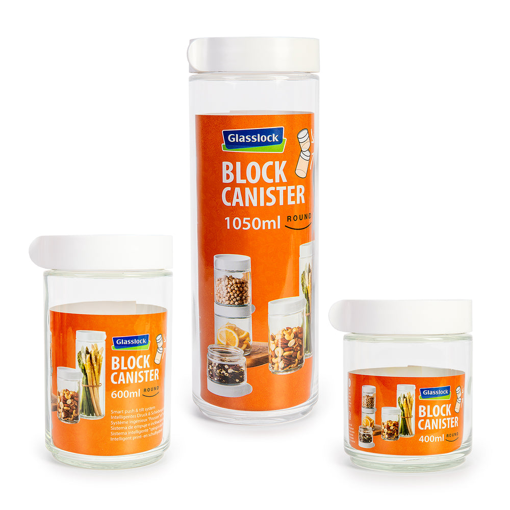 Glasslock Block Canister - Bote de Cocina Redondo de 0.6L en Vidrio Templado