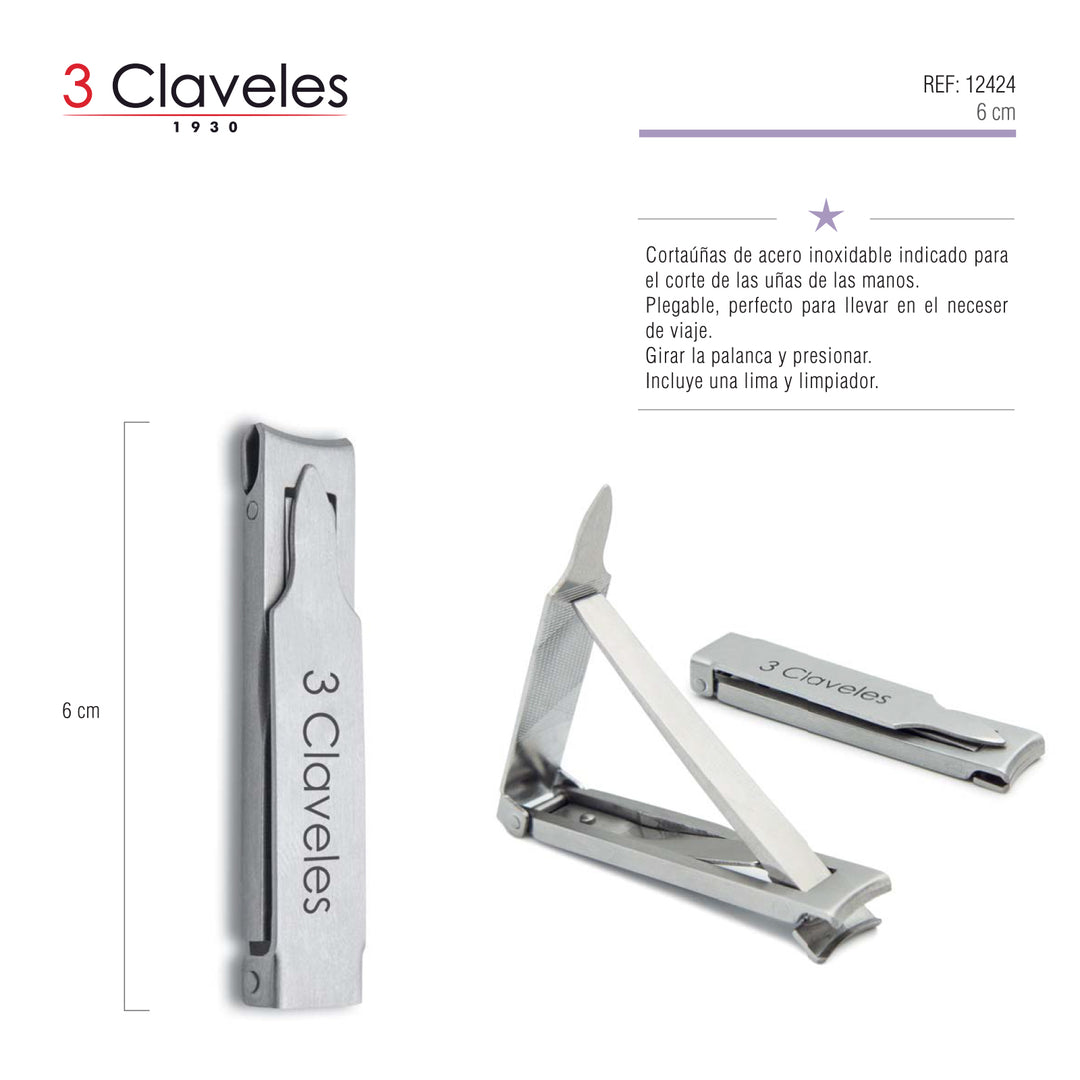 3 Claveles - Cortauñas de 6 cm Plegable en Acero Inoxidable
