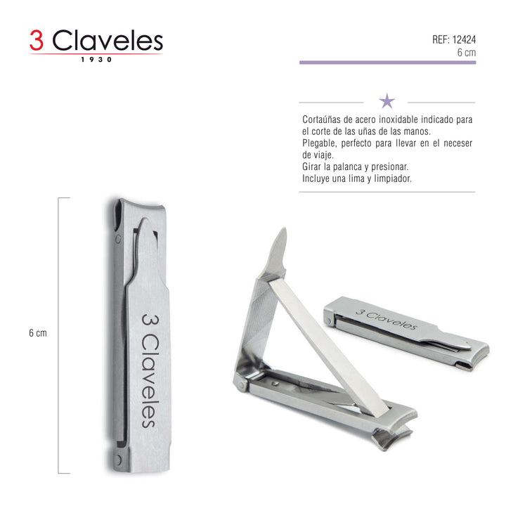 3 Claveles - Cortauñas de 6 cm Plegable en Acero Inoxidable