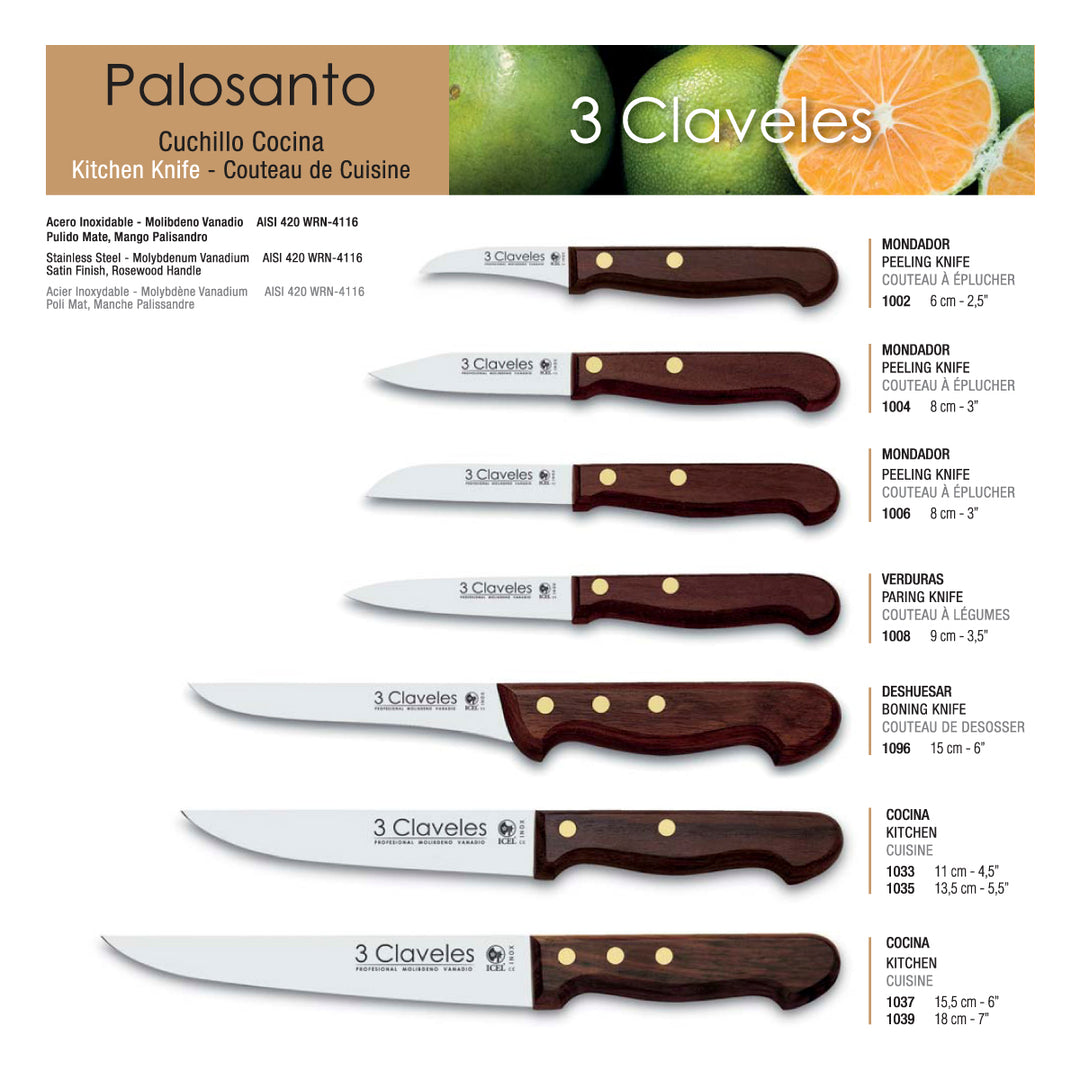 3 Claveles Palosanto - Cuchillo Cocinero 18 cm Acero Inoxidable Mango Palisandro